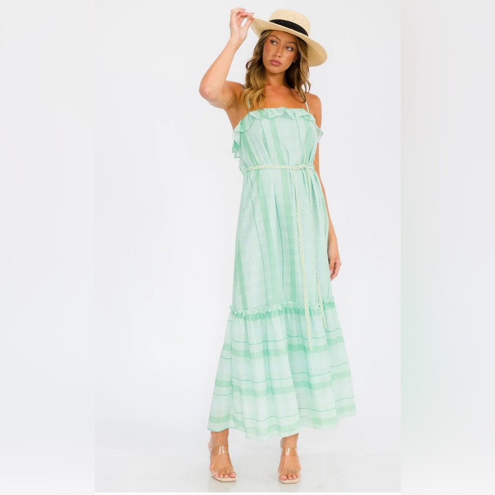 Green Tiered Maxi Dress Spaghetti Strap Flowy Beach Sundress Open Back Sz Med